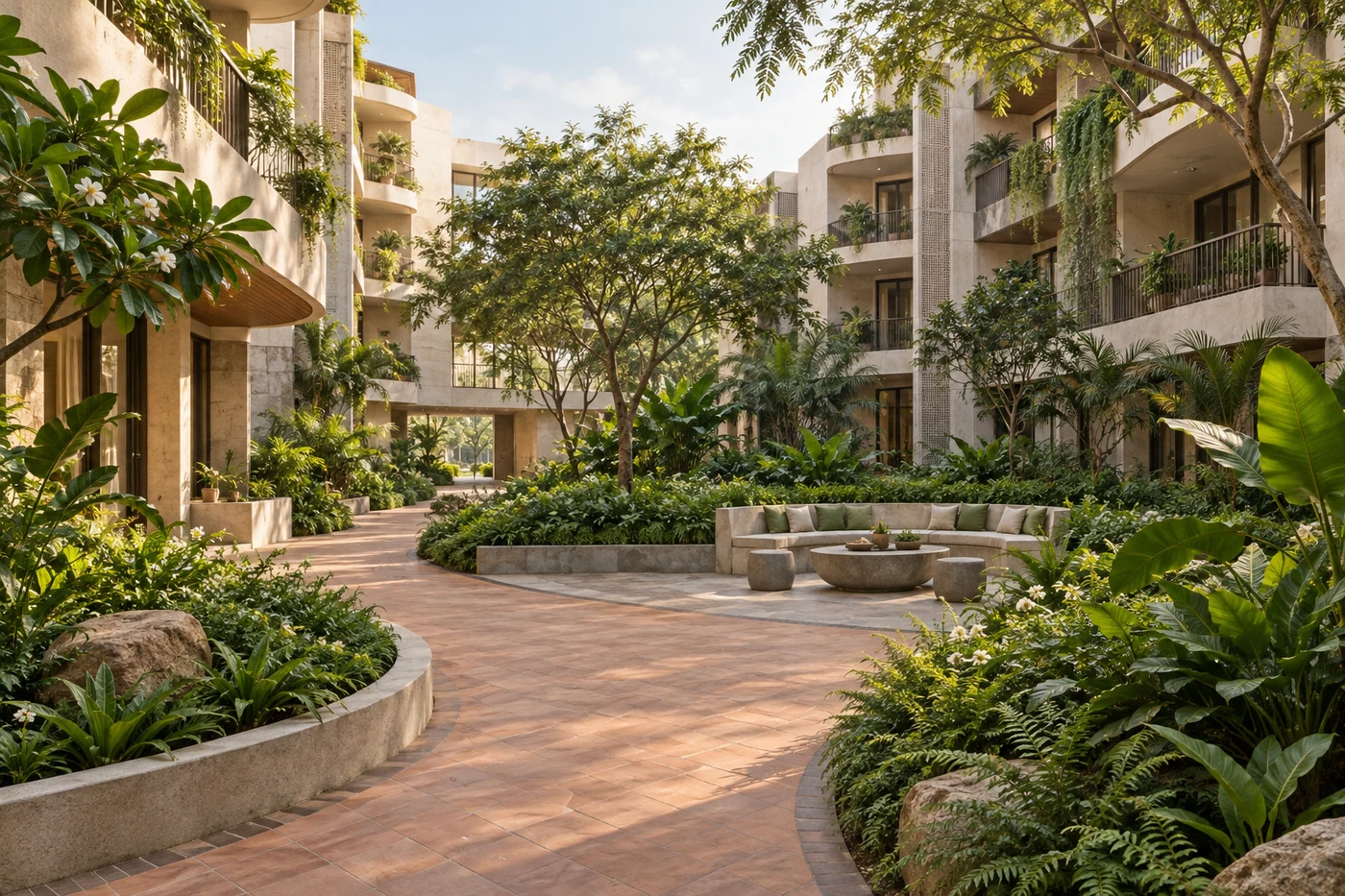 A planted residential courtyard with warm stone and shared seating